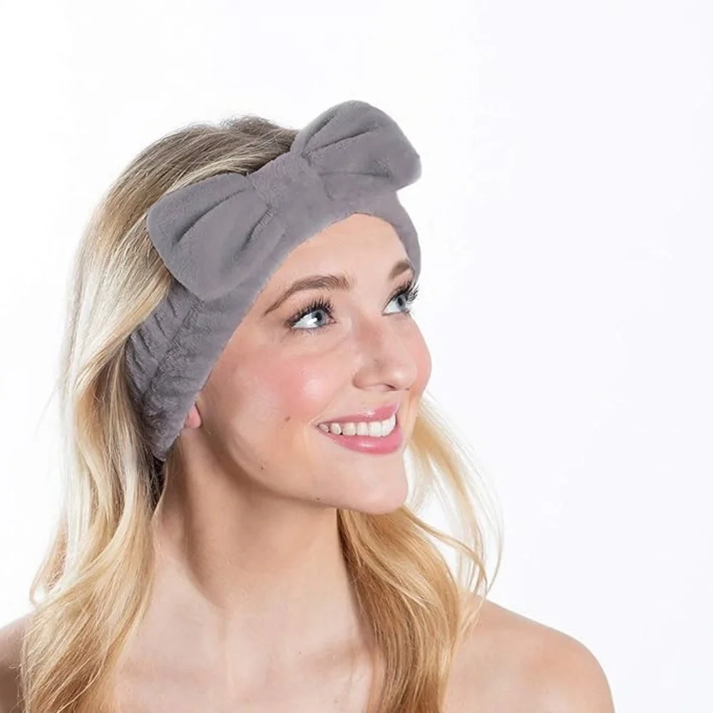 Gray Microfiber Plush‎ Bow Headband Makeup Headband